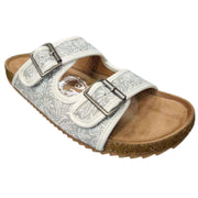 Very G Womens Western Floral Embossed Buckle Strap Slide Sandals- White/Grey