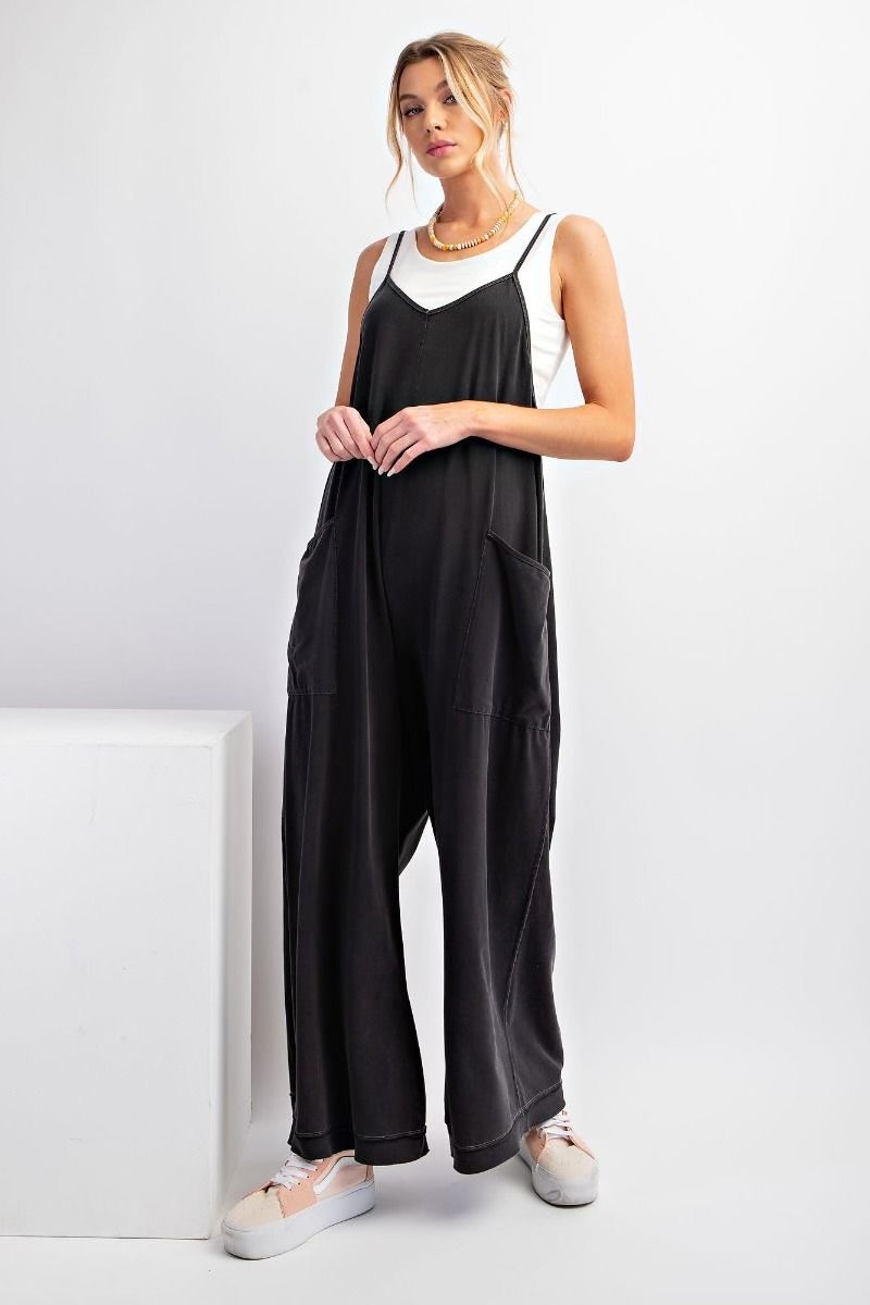 Easel Womens Mineral Washed Cotton Wide leg Jumpsuit Overall, Black