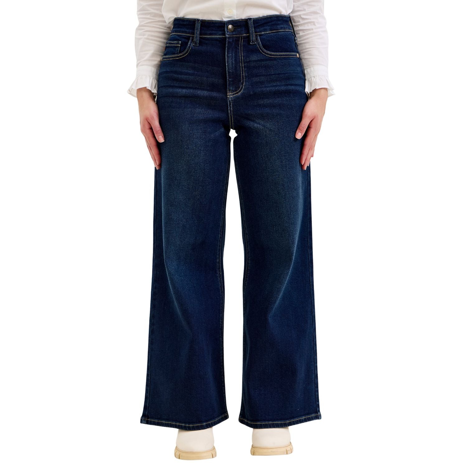 Judy Blue Womens High Waist Petite Lux Retro Wide Leg Jeans- Dark Twilight Blue
