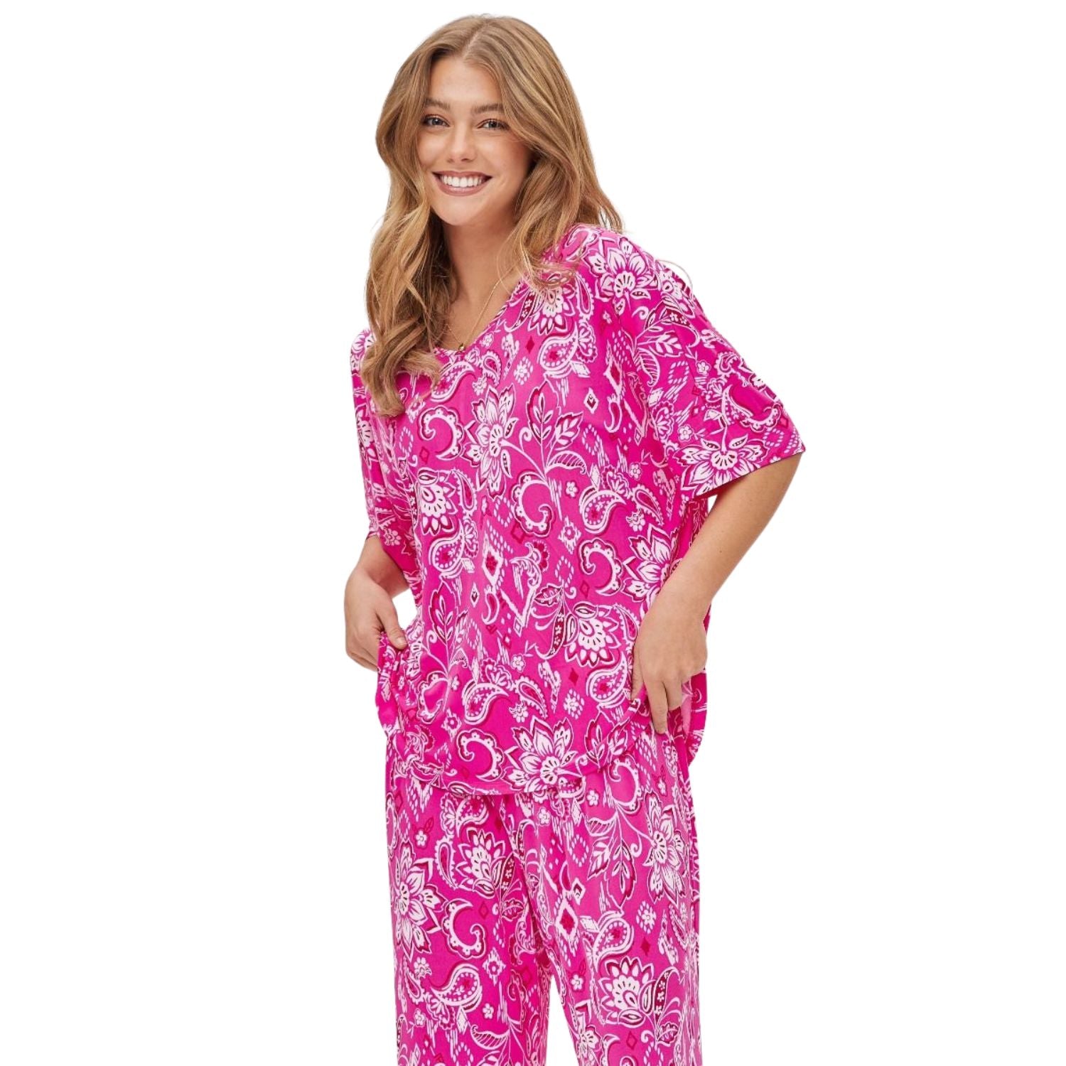 Dear Scarlett Womens Cabana Half Sleeve Top with Pants Travel Set, Hot Pink