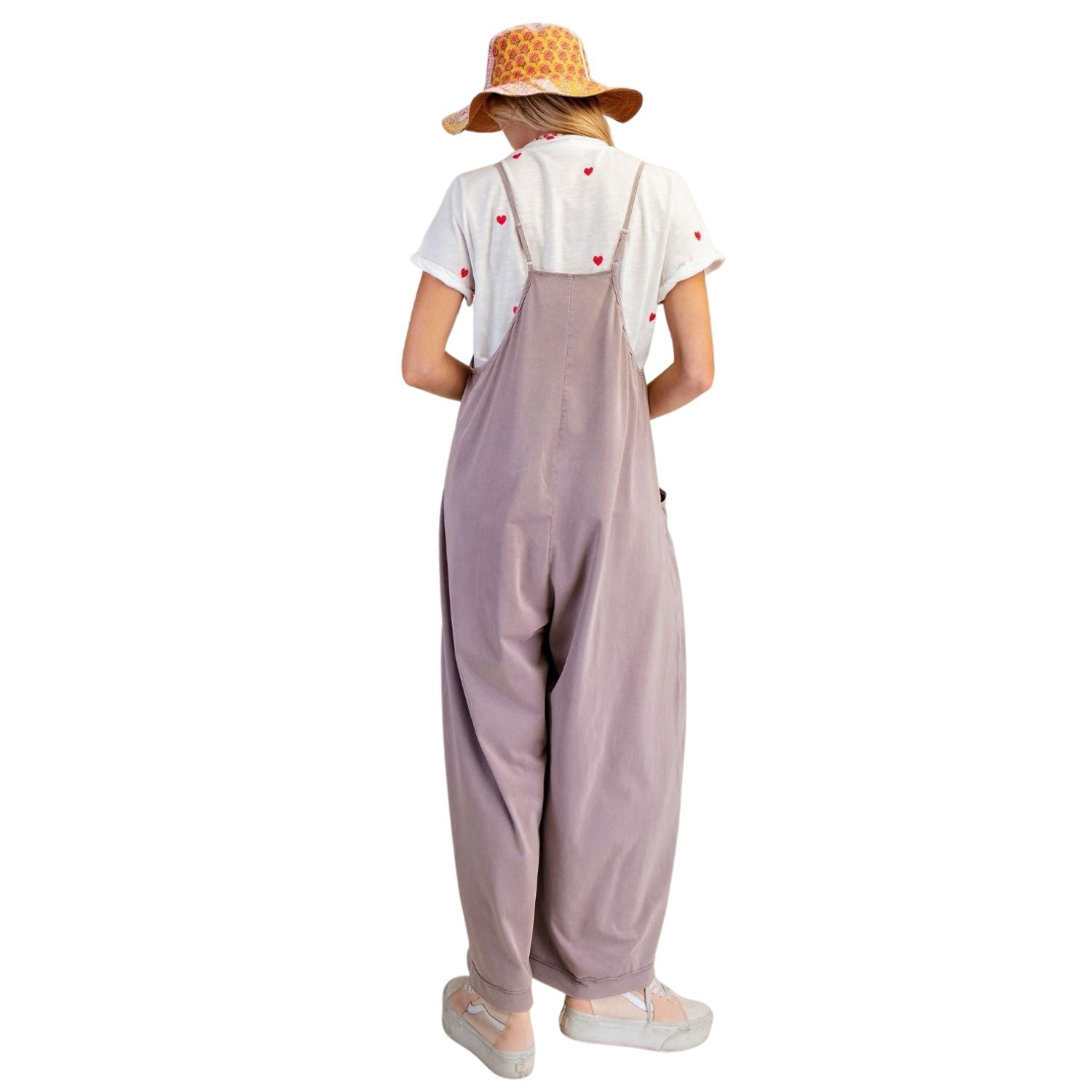 Easel Womens Mineral Washed Cotton Wide leg Jumpsuit Romper- Twilight Mauve