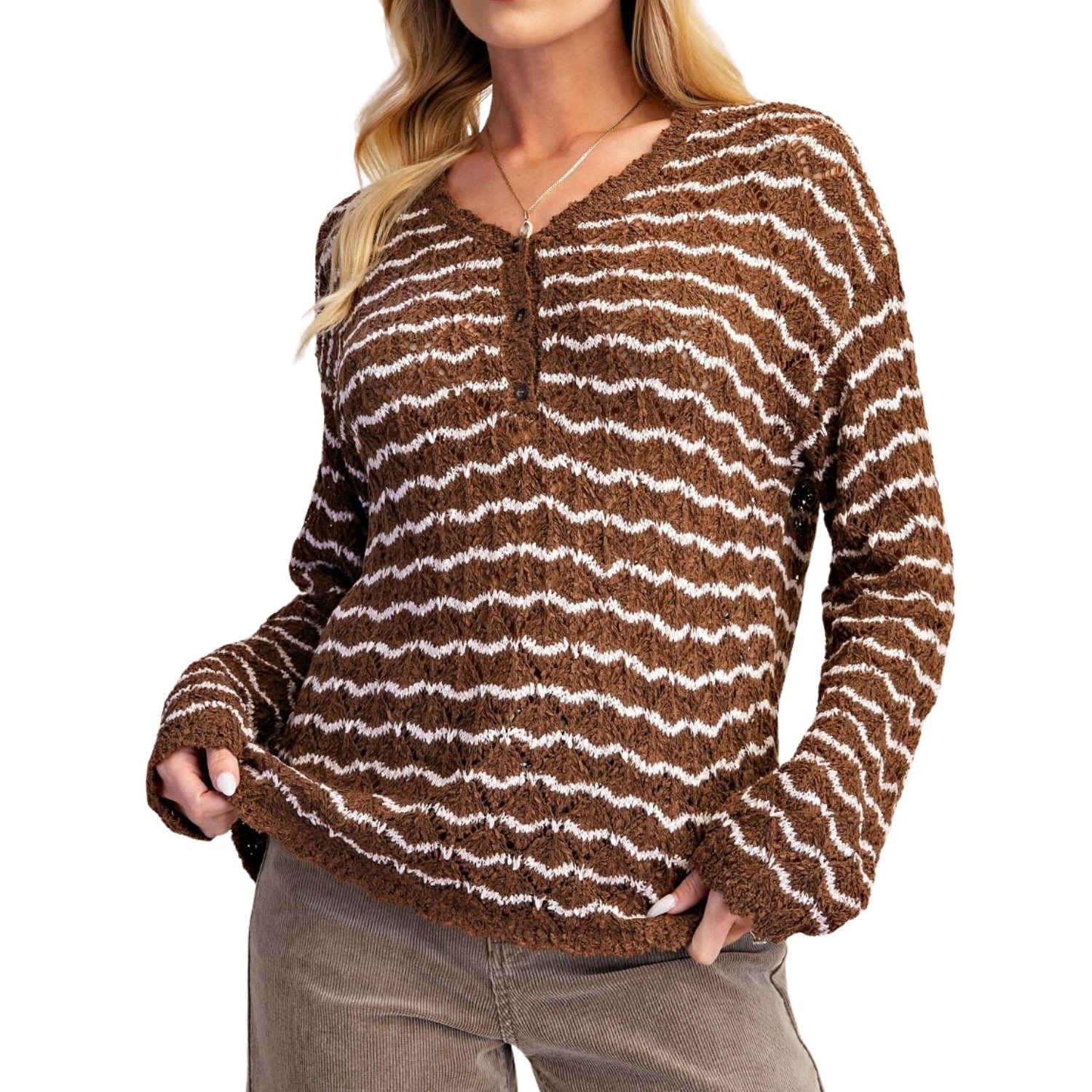 Easel Women's Two-Tone Wavy Stripe V-Neck Button Front Knit Sweater, Brown