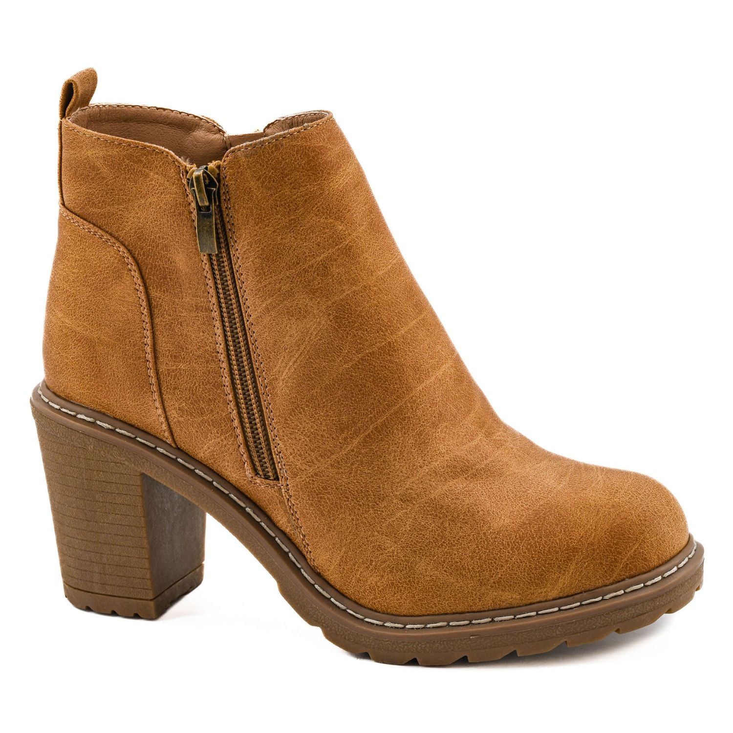 Corkys Womens Rocky Top Faux Leather Block Heel Bootie, Camel