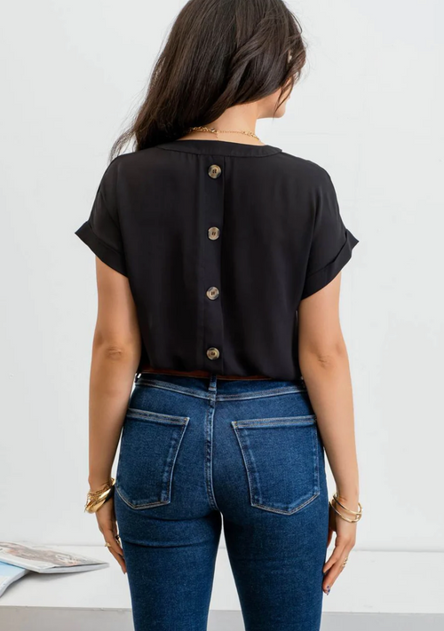 Womens Blouse, V Neck with Buttons Down the Back, Black