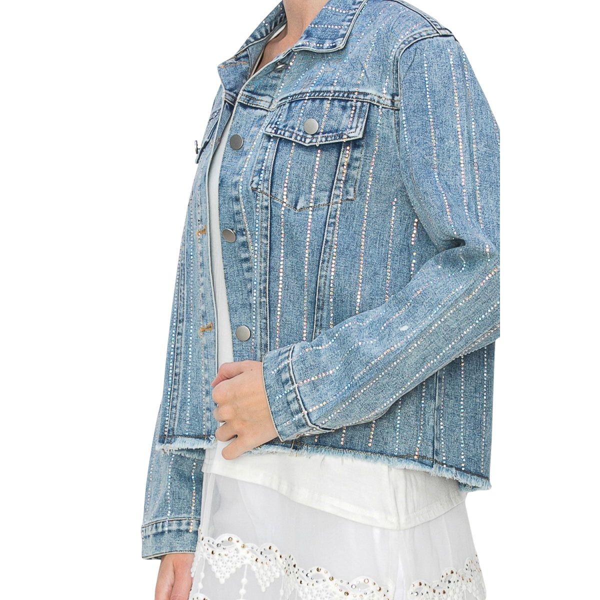 Origami Women's Button Front Sparkle Rhinestone Stripe Denim Jacket