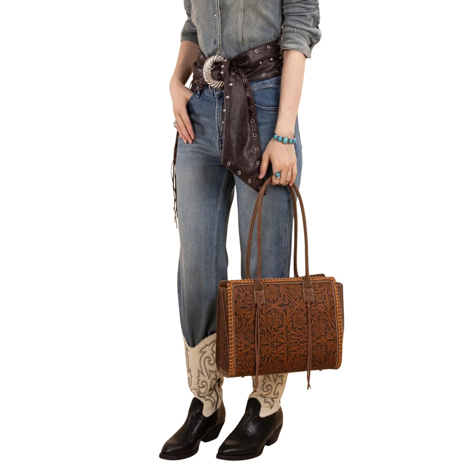 Montana West Vintage Floral Tooled PU Leather Concealed Carry Tote Purse- Brown