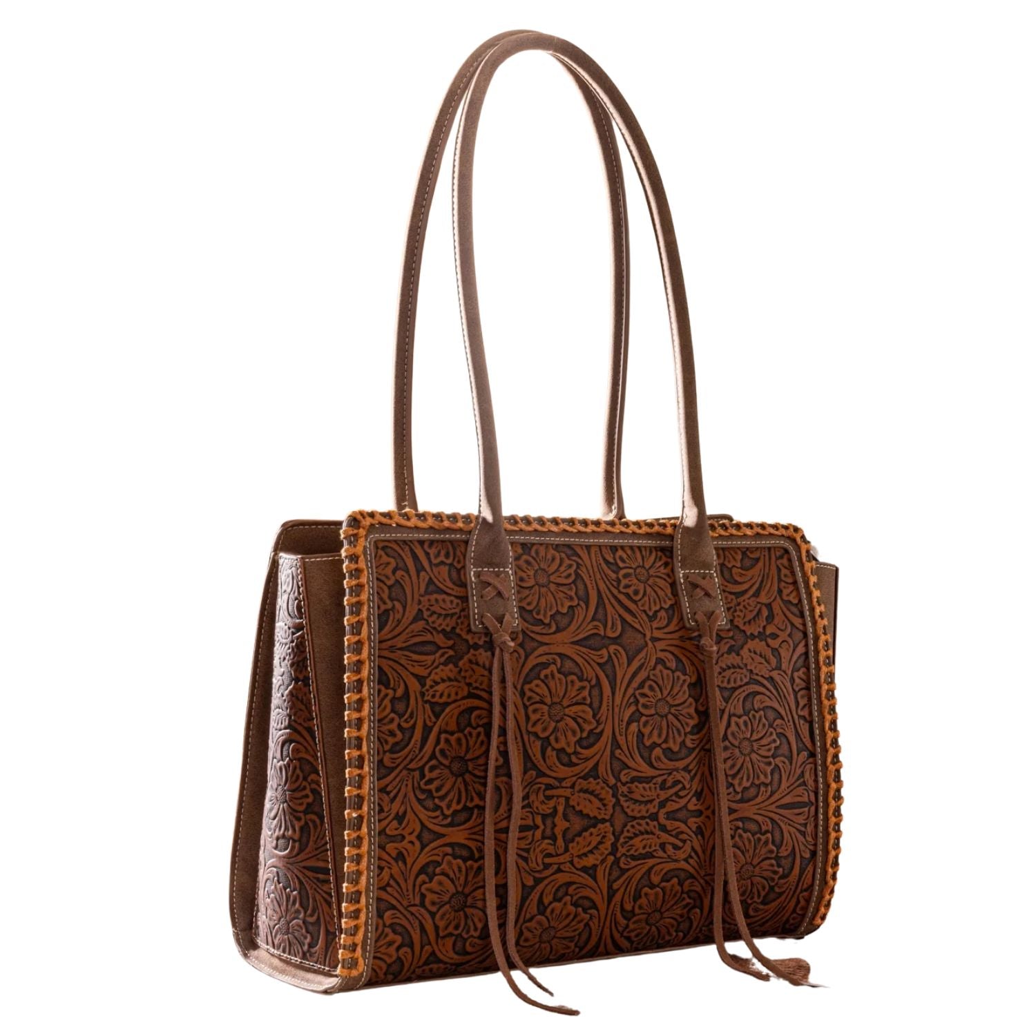 Montana West Vintage Floral Tooled PU Leather Concealed Carry Tote Purse- Brown