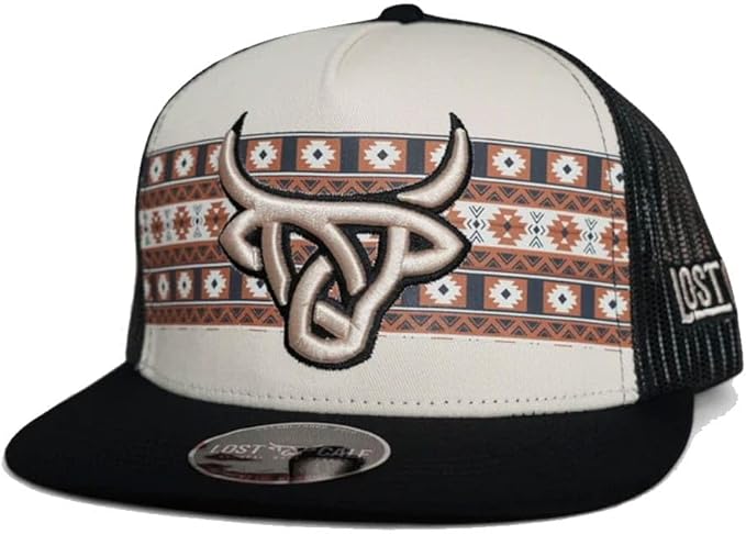 Lost Calf Mens Luka Flat Bill Adjustable Snapback Cap Hat (Cream/Black)