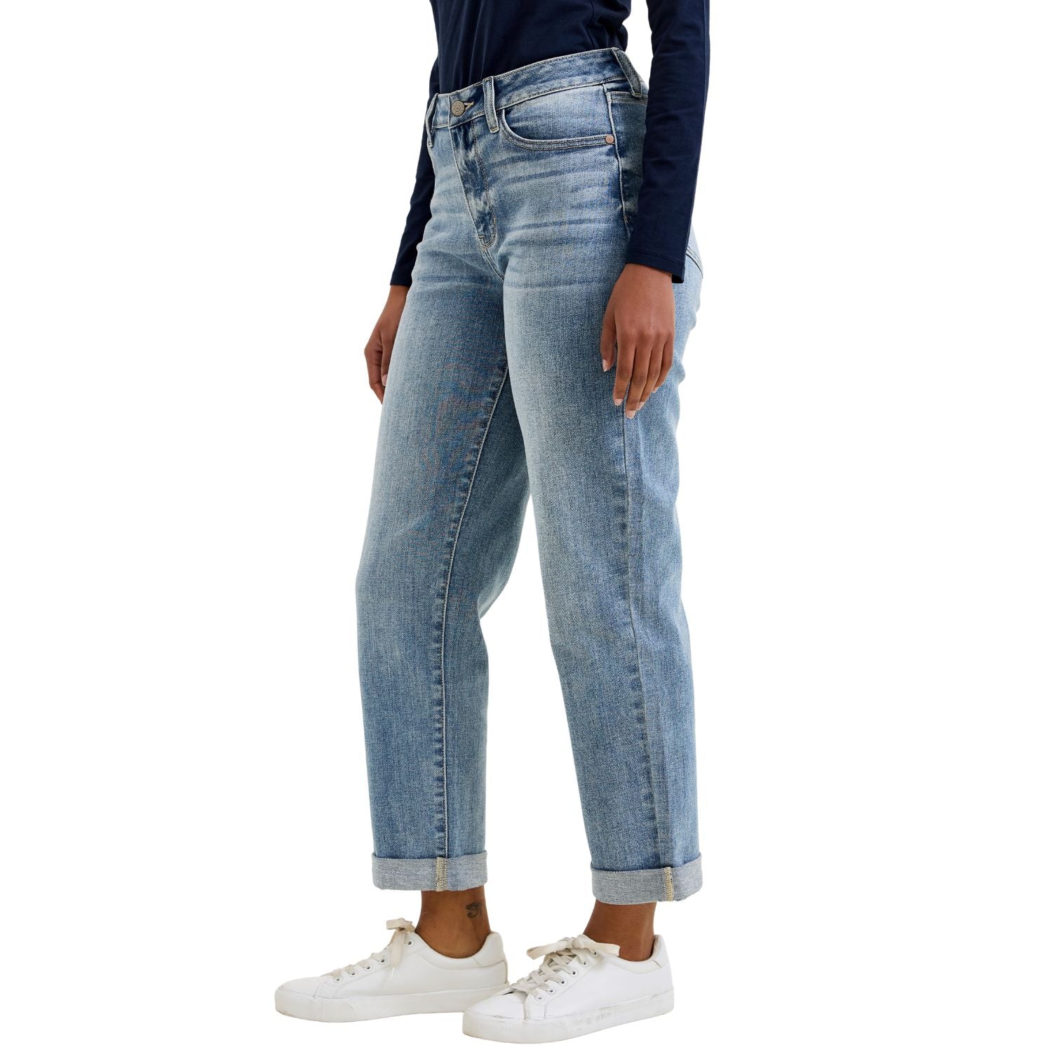 Judy Blue Womens Billie Mid Rise Boyfriend Cuffed Jeans, Light Iced Indigo