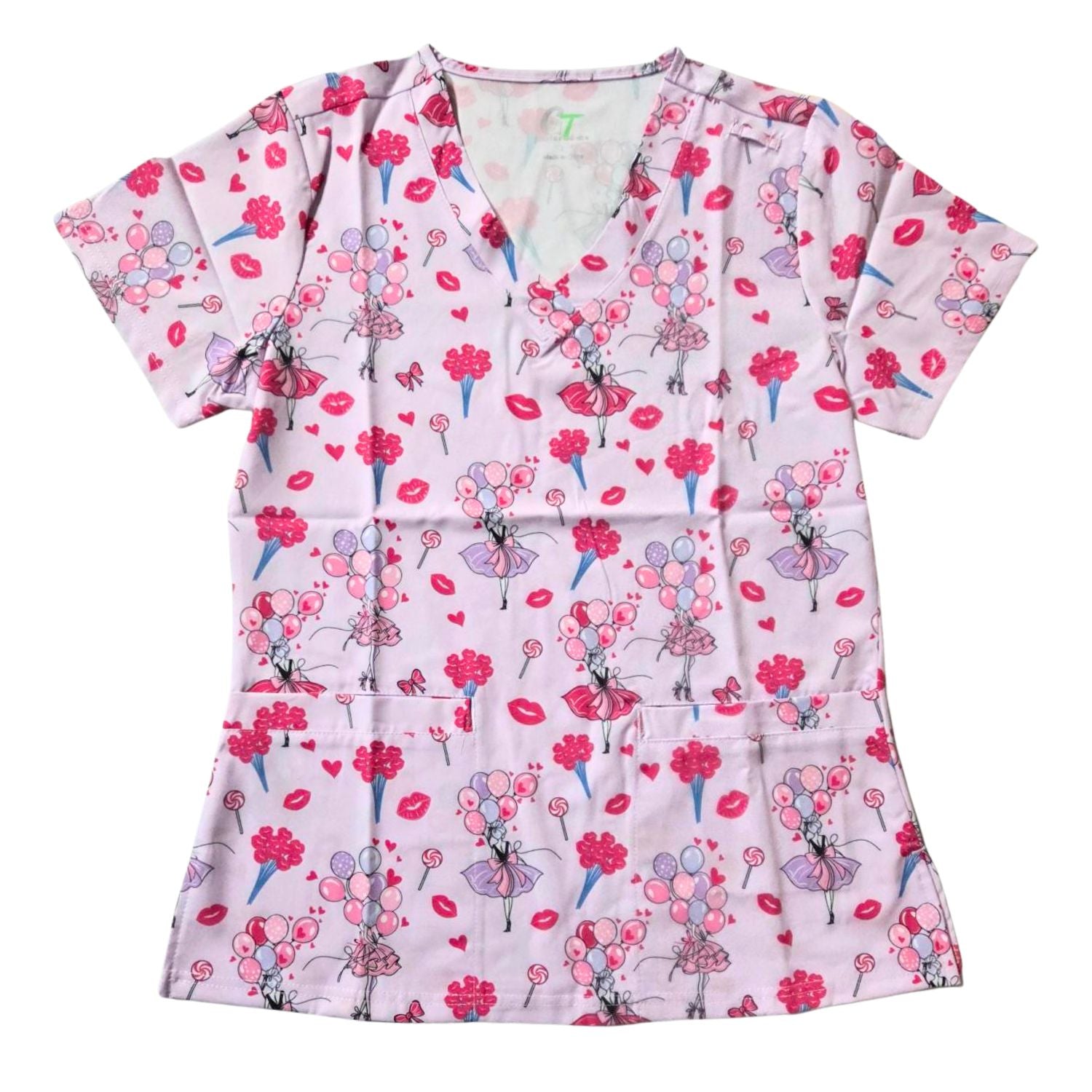 Green Town Performance Womens V-Neck Scrub Top - Valentine's Day Prints