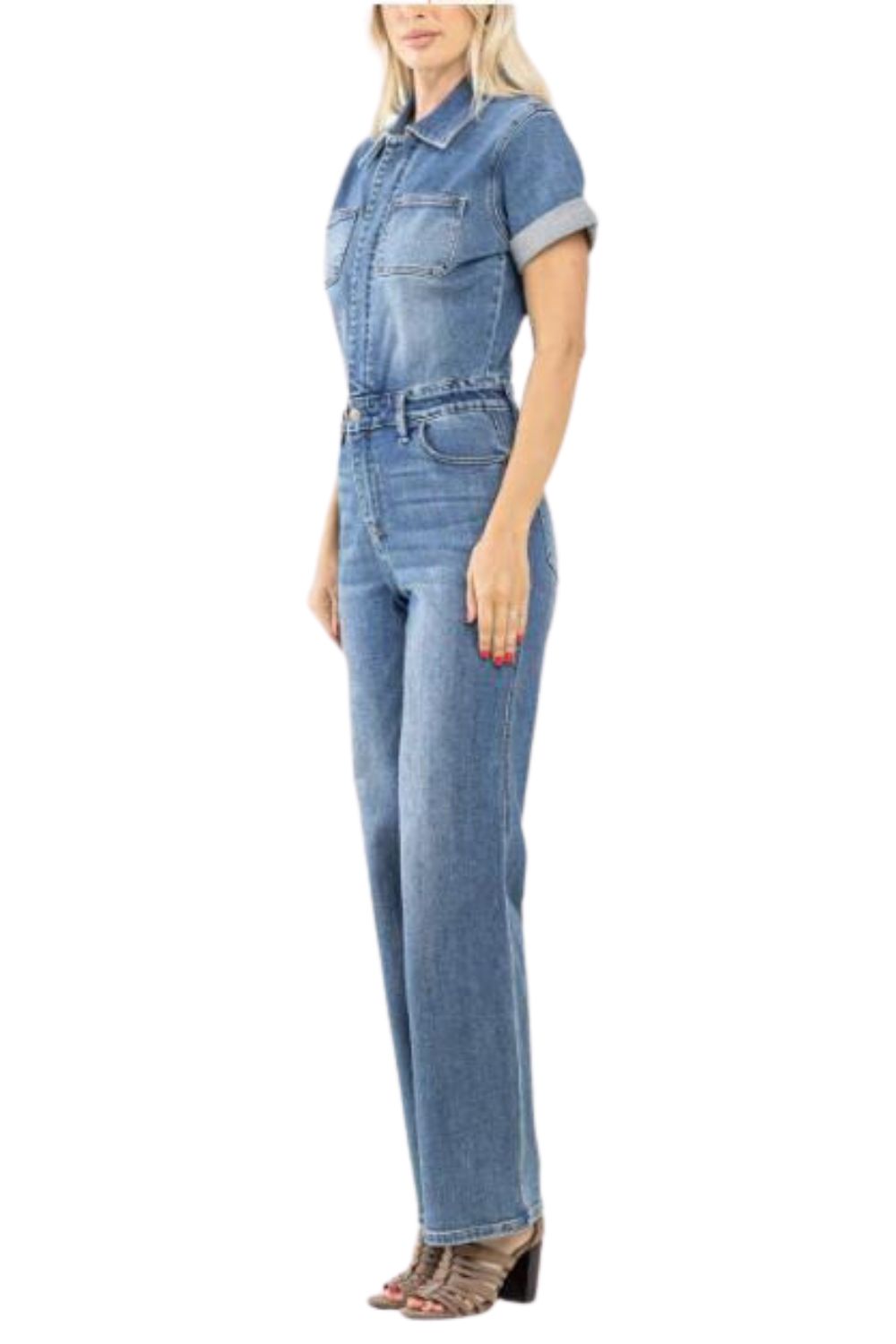 Judy Blue Womens Short Sleeve Denim Jumpsuit