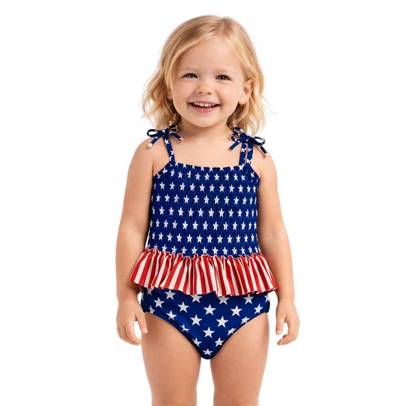 Heat Swimwear Toddler Girls American Flag Smocked One Piece Ruffle Swimsuit