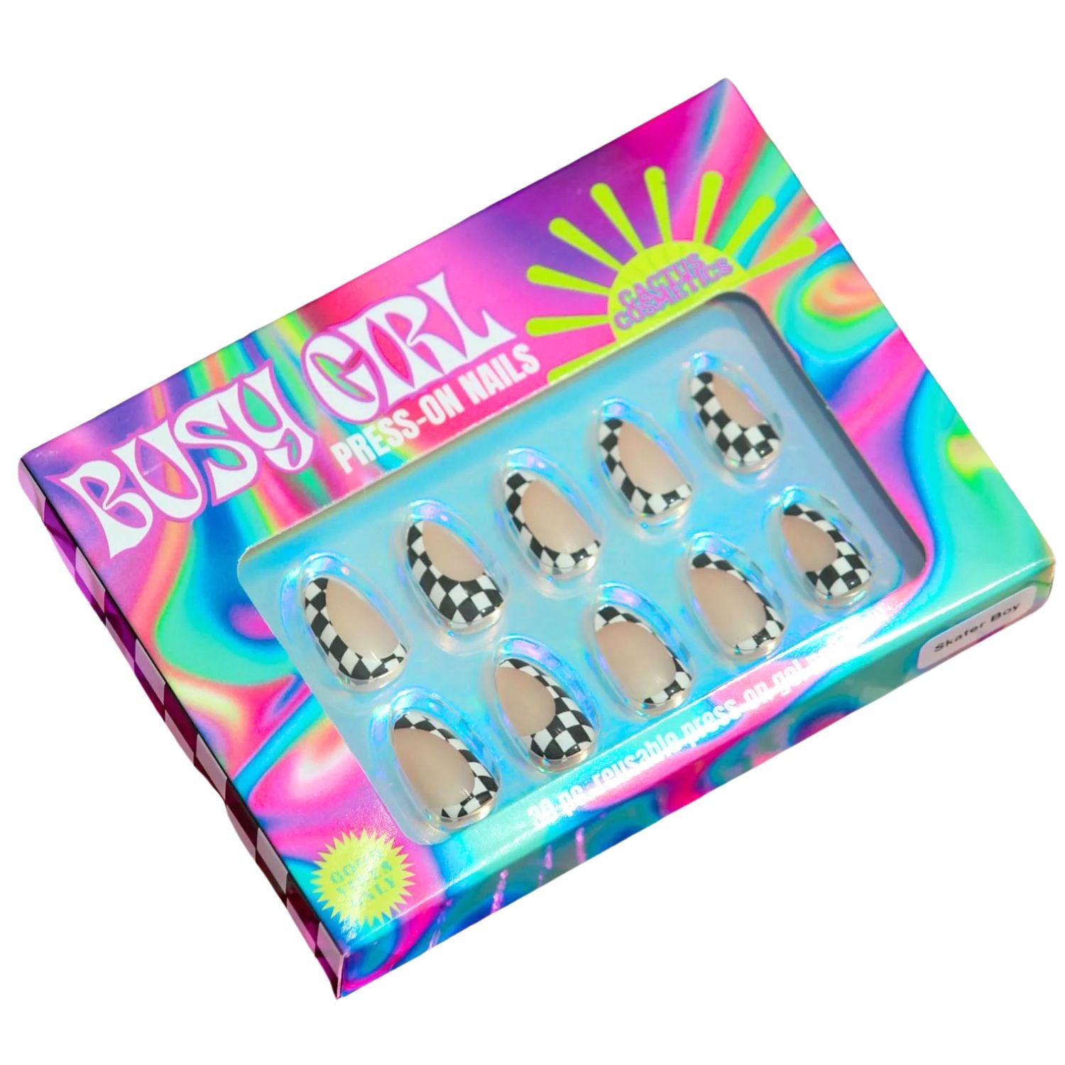 Cactus Cosmetics Busy Girl Reusable Press-On Gel Nails, 30 Piece, Skater Boy