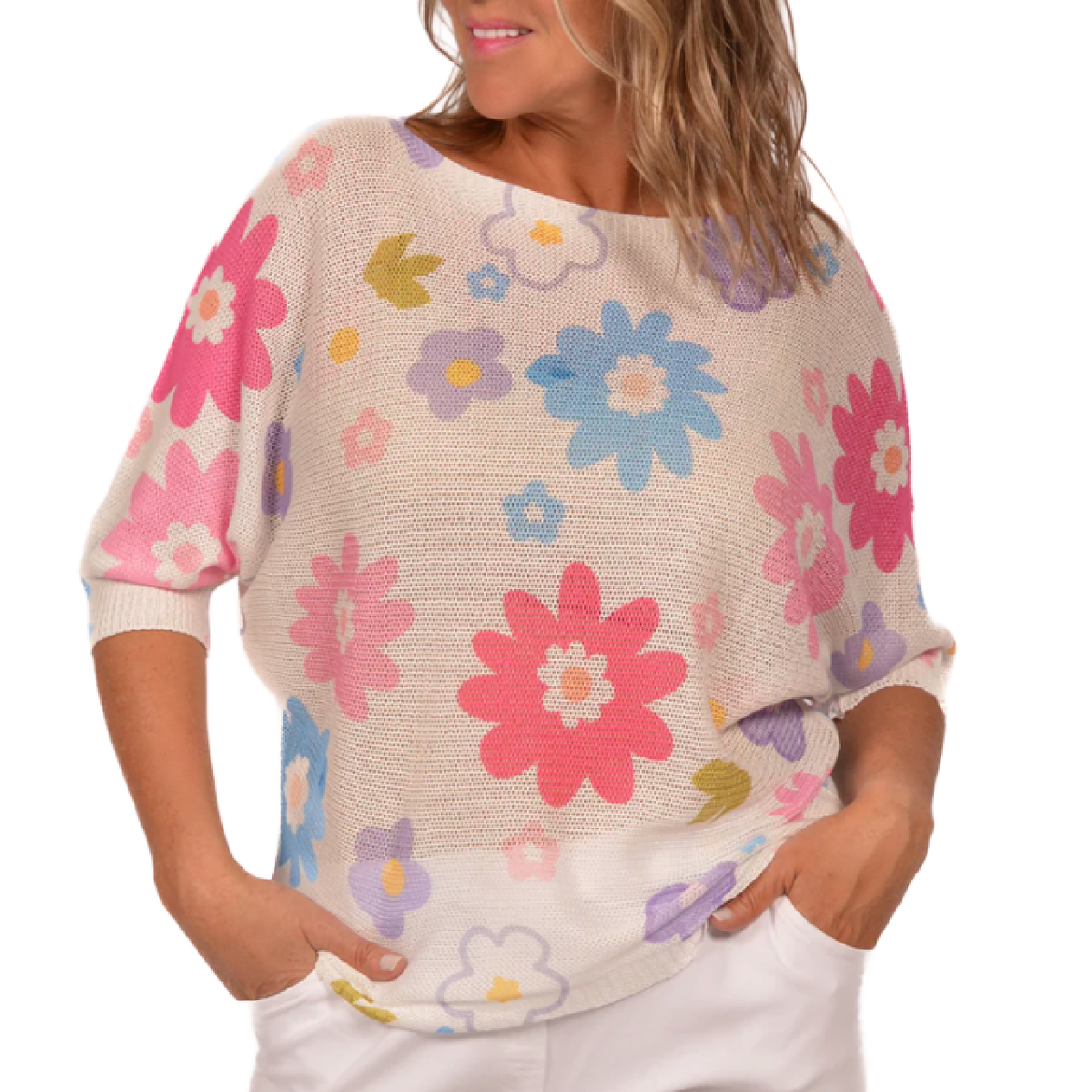 Catherine Lillywhite's Women's Pink Daisy Print Knit Top, Made in Italy, OS