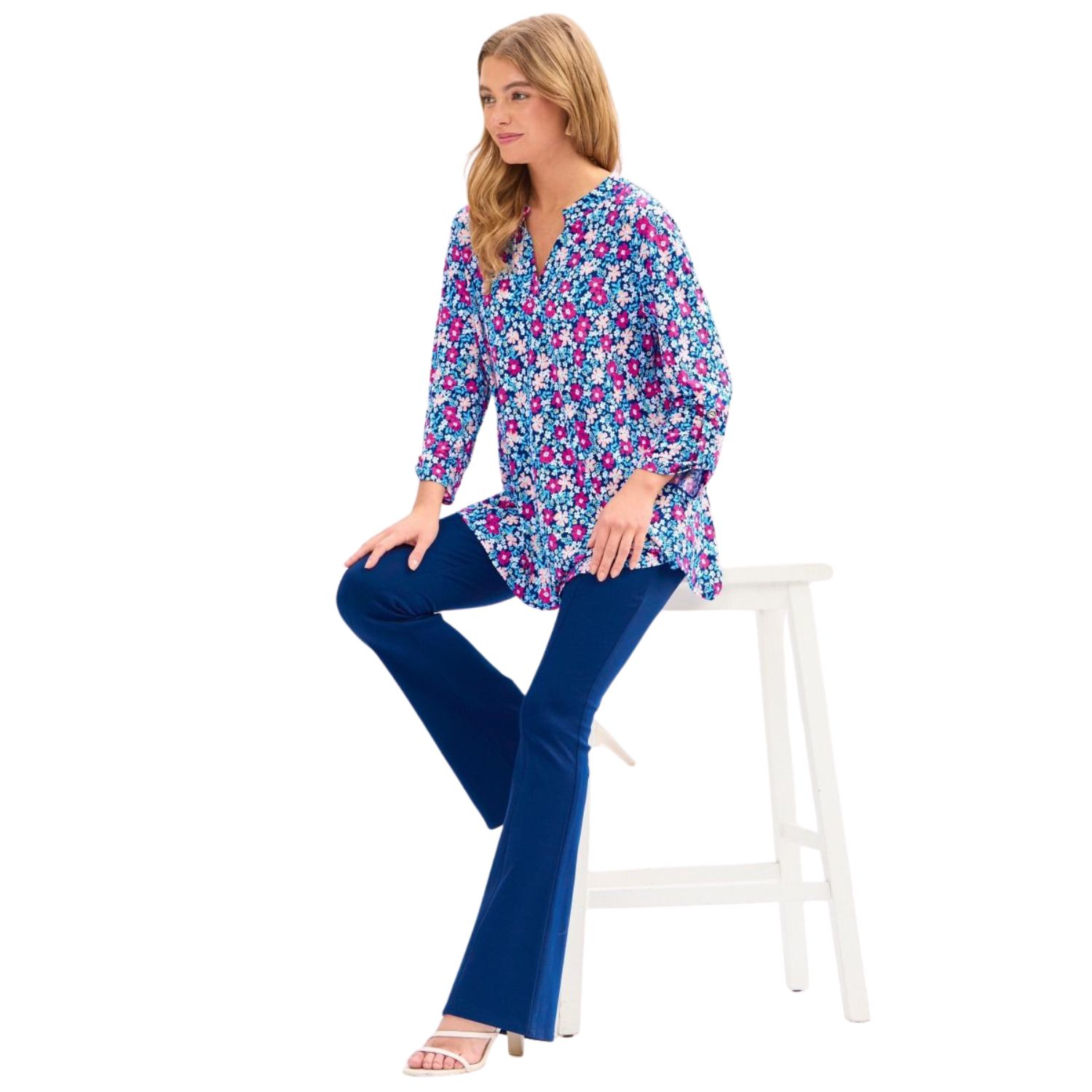 Dear Scarlett Womens Lizzy Relaxed Flowy High Low Blouse, Royal Multi