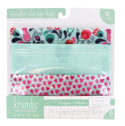 Krumbs Kitchen Designer Reusable Storage Bags, Dishwasher Safe, 6 Pack