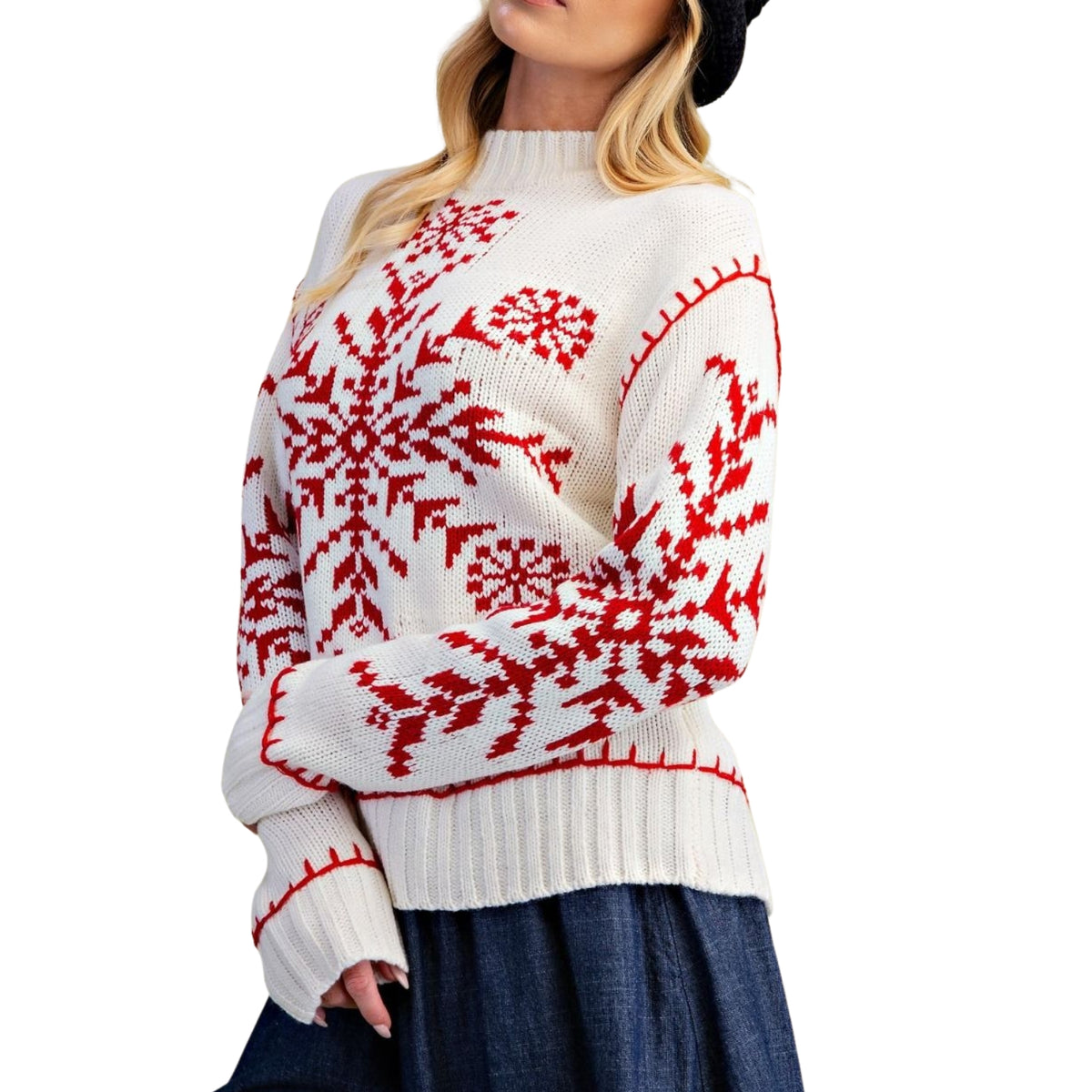 Easel Women's Holiday Snowflake Fair Isle Knit Mock Neck Sweater, Ivory
