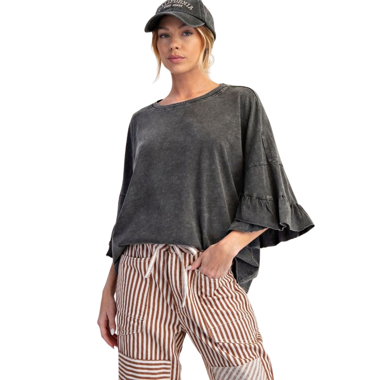 Easel Womens Winged Ruffle Sleeve Washed Cotton Slub Top- Black