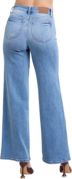 Judy Blue Womens High Waist Vintage Wash Retro Wide Leg Jeans