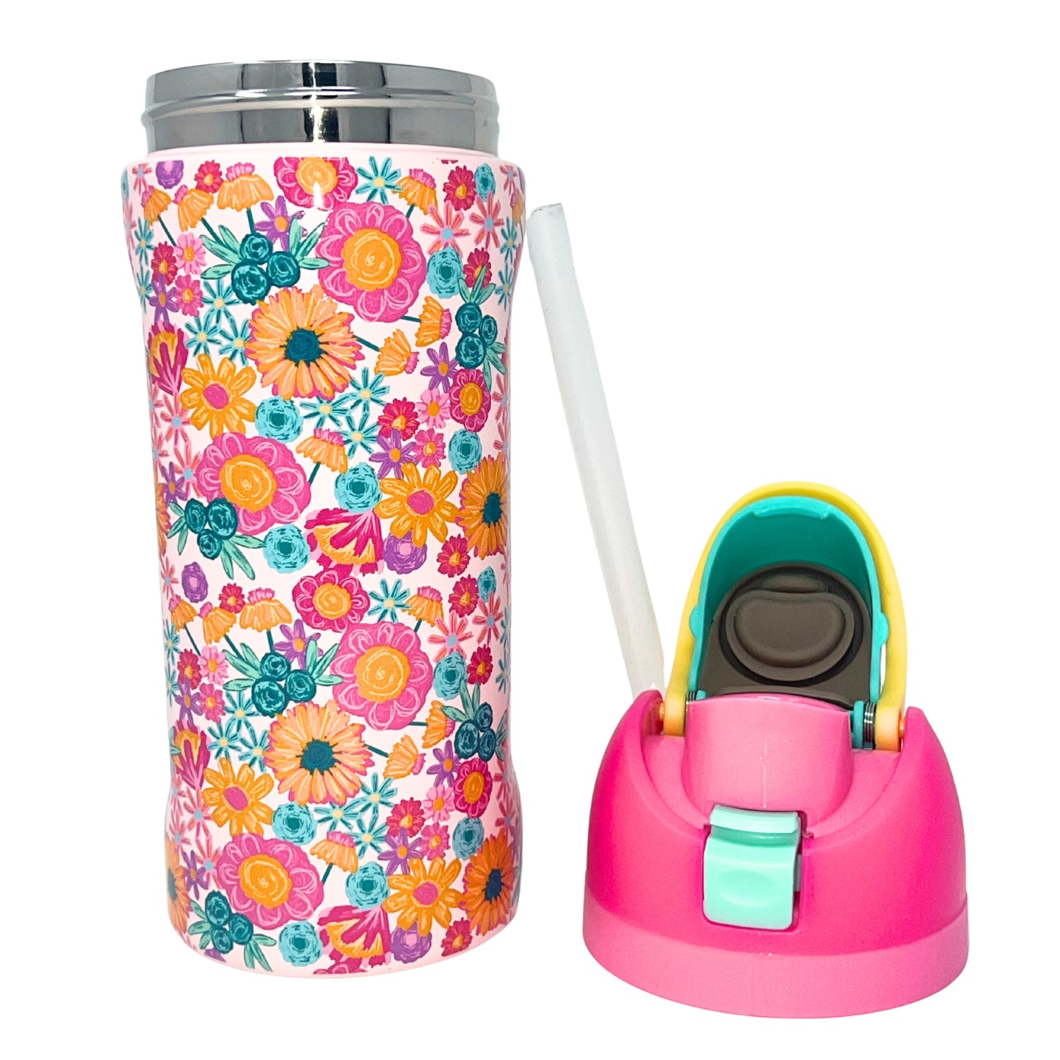 Jane Marie Kids Girls Bold Floral 16oz Water Bottle With Straw Cap