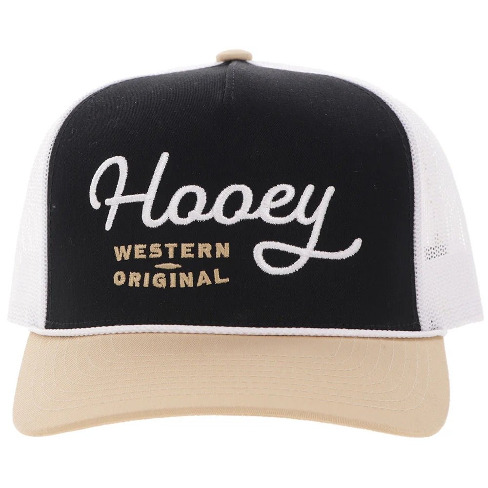 Hooey Mens "OG" Black With White Stitching and Tan Bill Trucker Hat