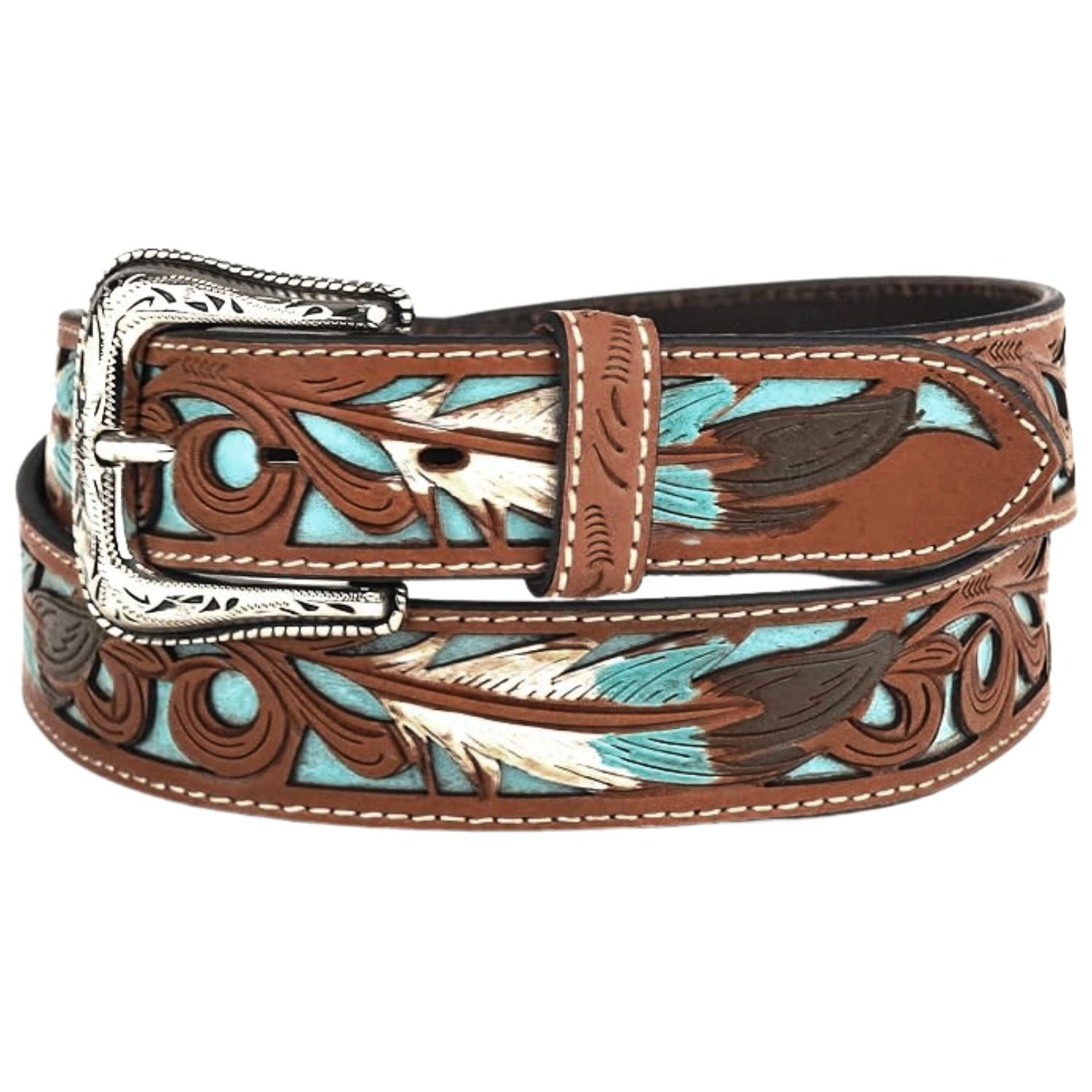 Nocona Mens Tooled Feather Inlay Western Leather Belt