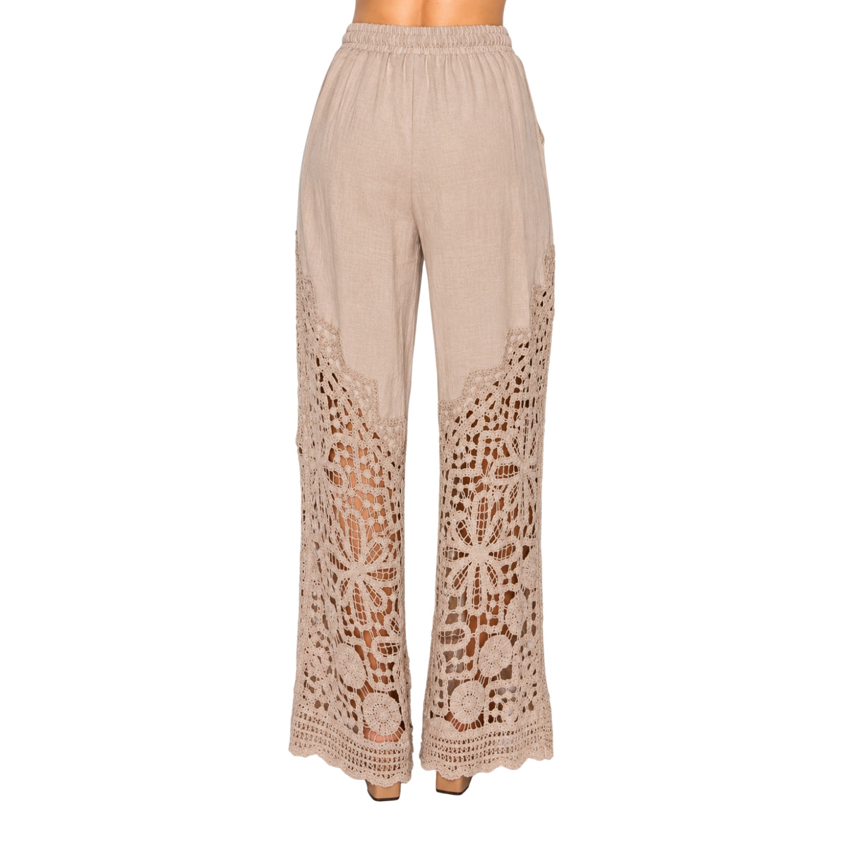 Origami Women's Crochet Lace Wide Leg Drawstring Pants, Taupe