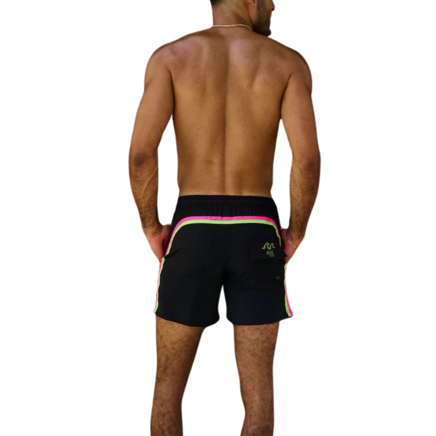 Heat Swimwear Mens Double Neon Stripe Tie Front Board Short Swim Trunks, Black