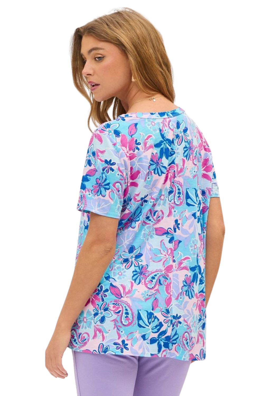 Dear Scarlett Womens Short Sleeve V-Neck Boyfriend Blouse, Blue Mauve