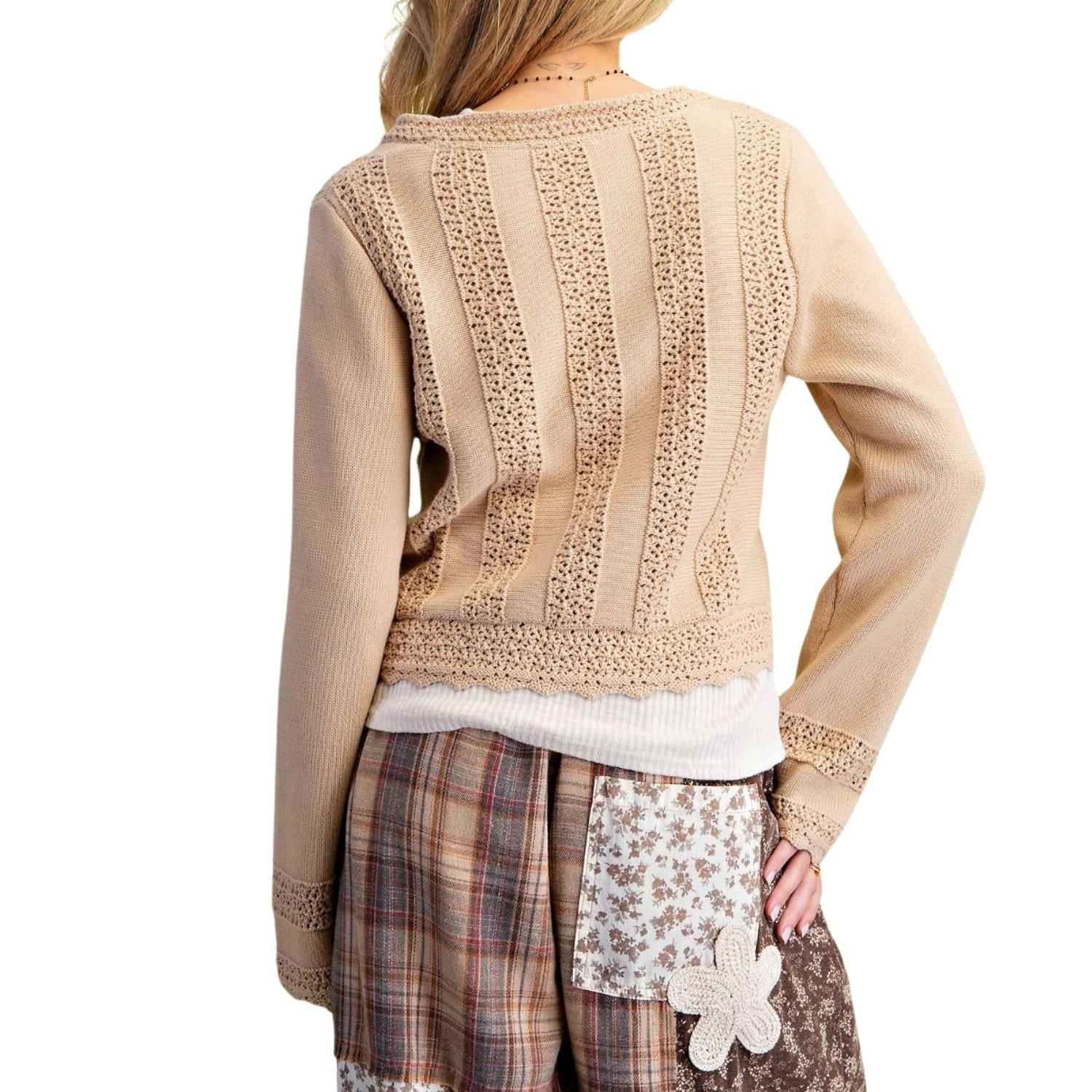 Easel Women's Crochet Trim Tie-Front Cotton Knit Cardigan Sweater, Natural