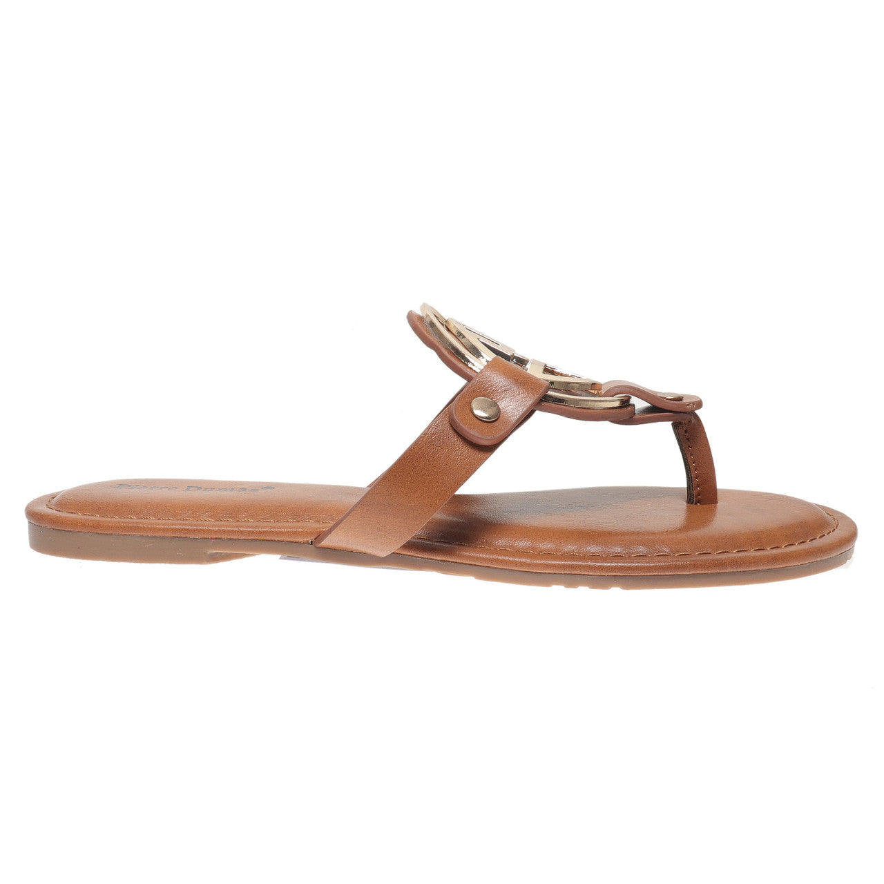 Pierre Dumas Womens Limit-24 Chic Medallion Slip On Sandals- New Tan/Gold