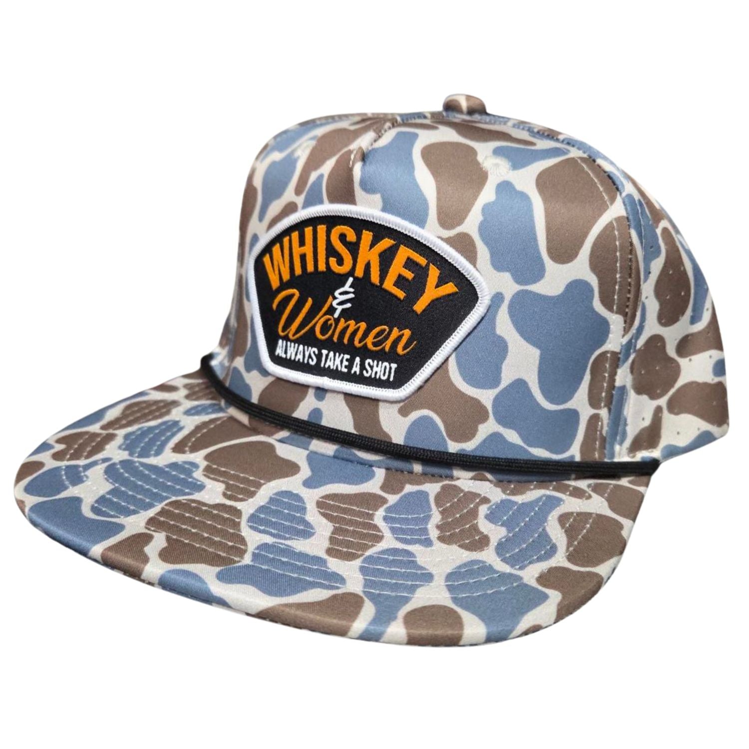 Riverbed Threads Whiskey & Women Snapback Cap Hat, Blue / Old School Camo