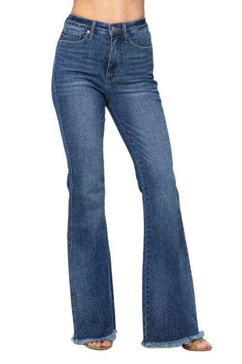 Judy Blue Womens High Waist Tummy Control Fray Hem Flare Jeans