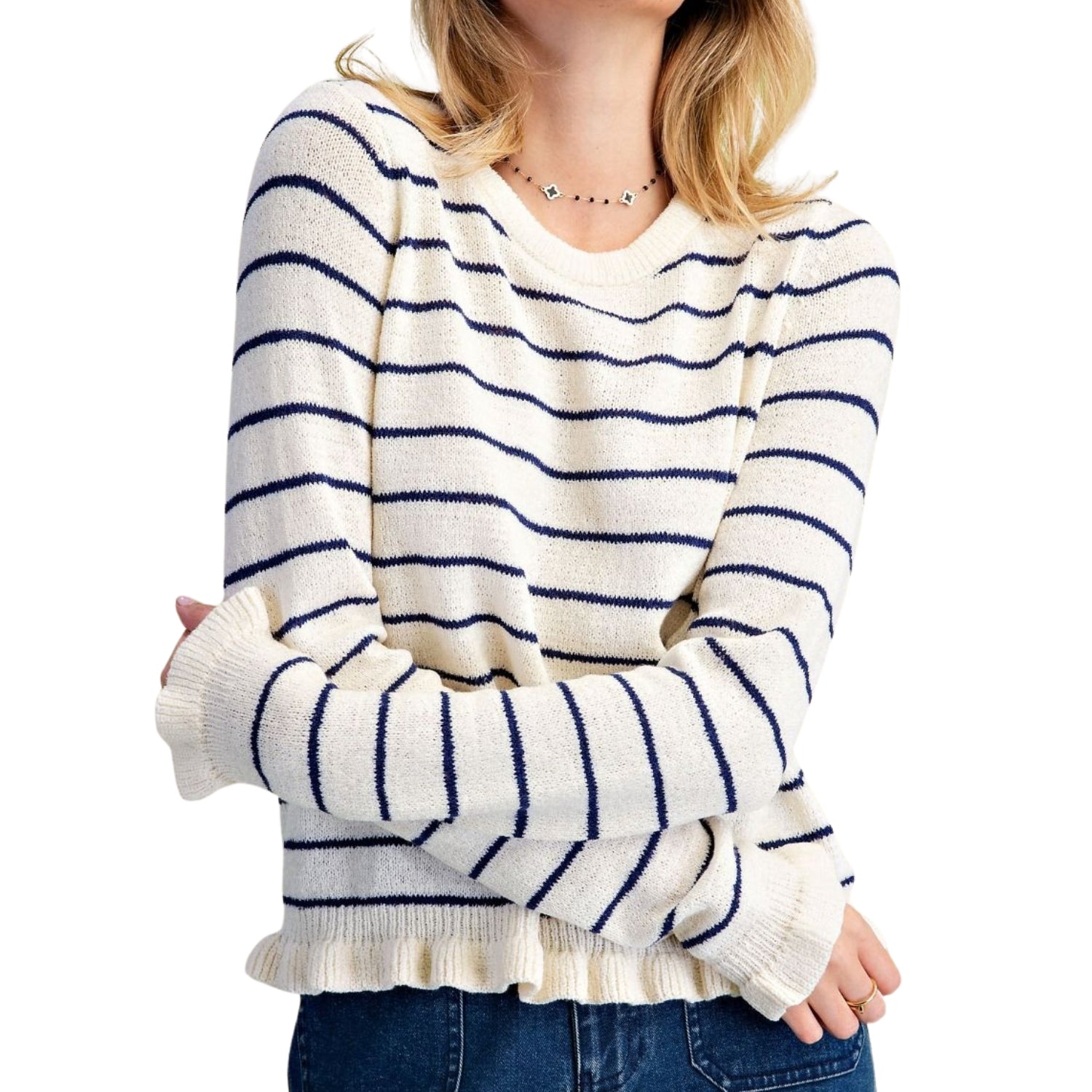 Easel Women's Striped Knit Ruffle Hem Crew Neck Sweater, Ivory