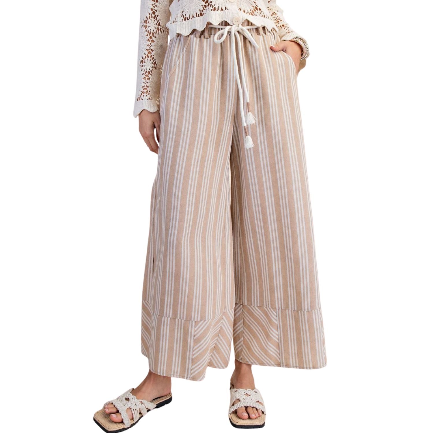 Easel Womens Striped Linen Washed Palazzo Wide Leg Relaxed Fit Pants- Khaki