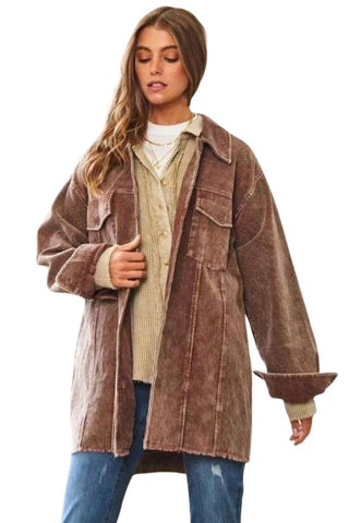 Davi & Dani Washed Corduroy Distressed Hem Retro Jacket