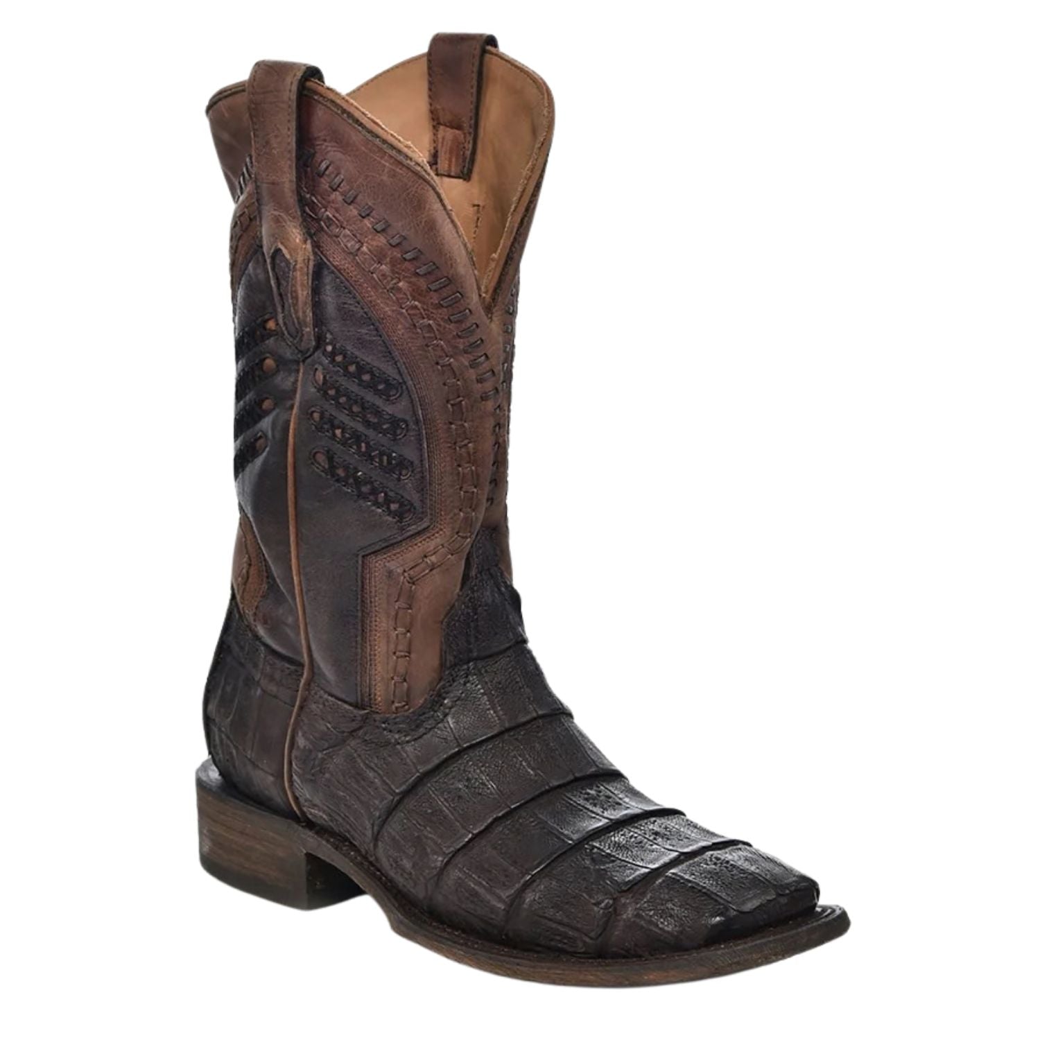 Corral Boots Mens Oil Brown Caiman Embroidered Woven Shaft Wide Square Toe Boot
