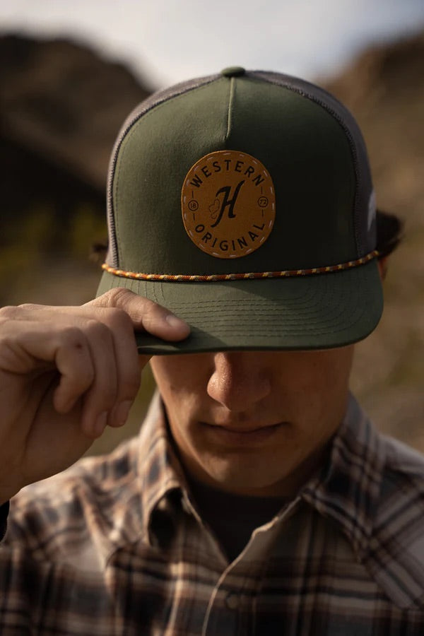 Hooey Mens "Spur" Olive and Grey with Circle Patch and Rope Detail Trucker Hat