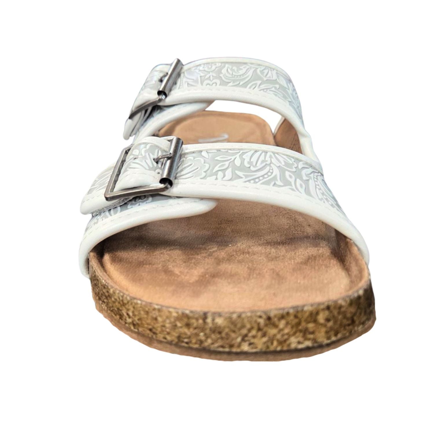 Very G Womens Western Floral Embossed Buckle Strap Slide Sandals- White/Grey