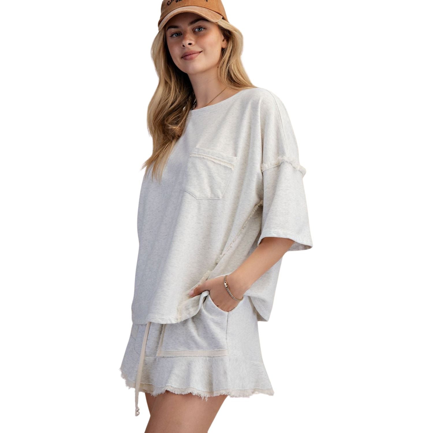 Easel Womens Oversized Drop Shoulder Washed Terry Boxy Top- Natural