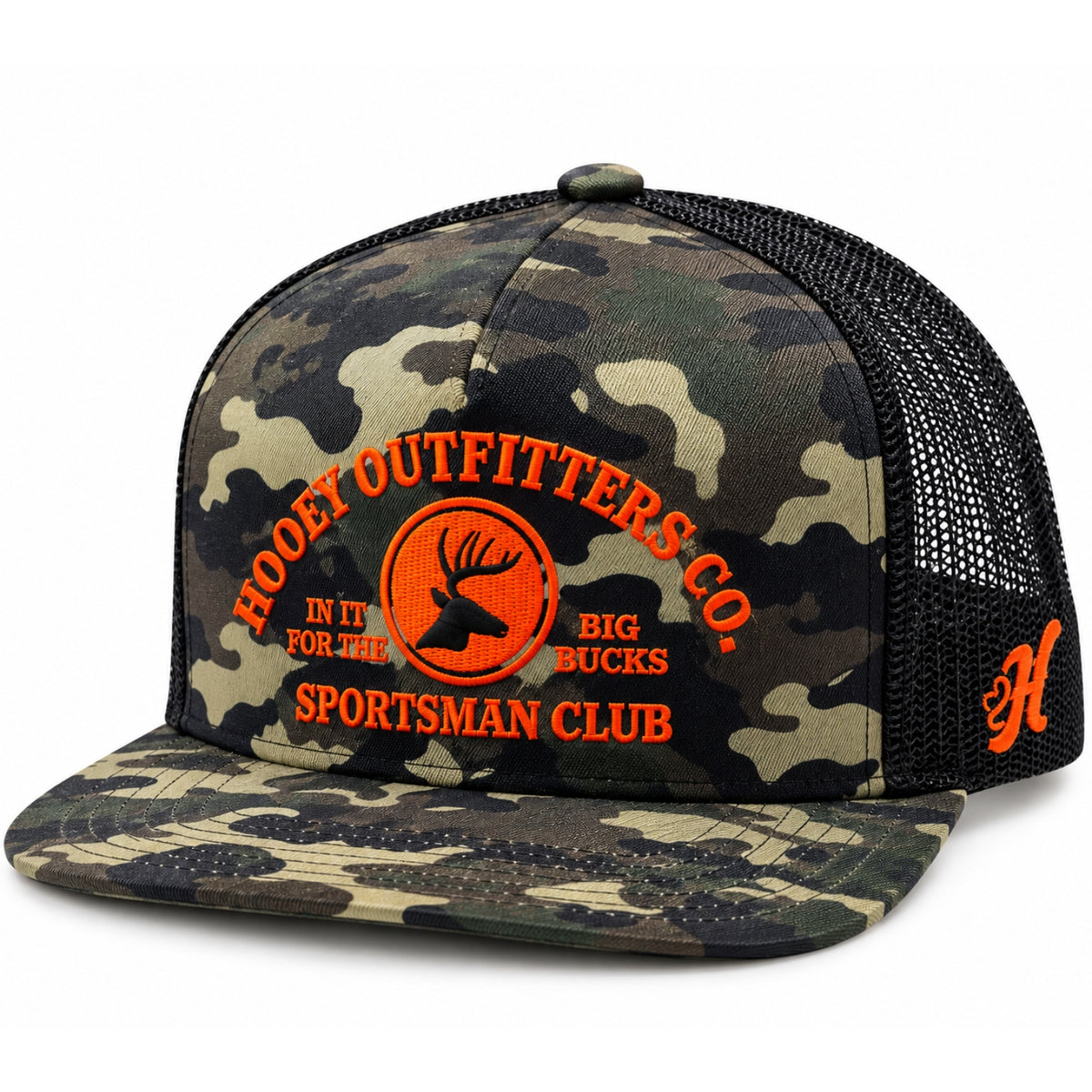 Hooey Men's Sportsman Club Camo Trucker Snapback Hat, Black/Orange