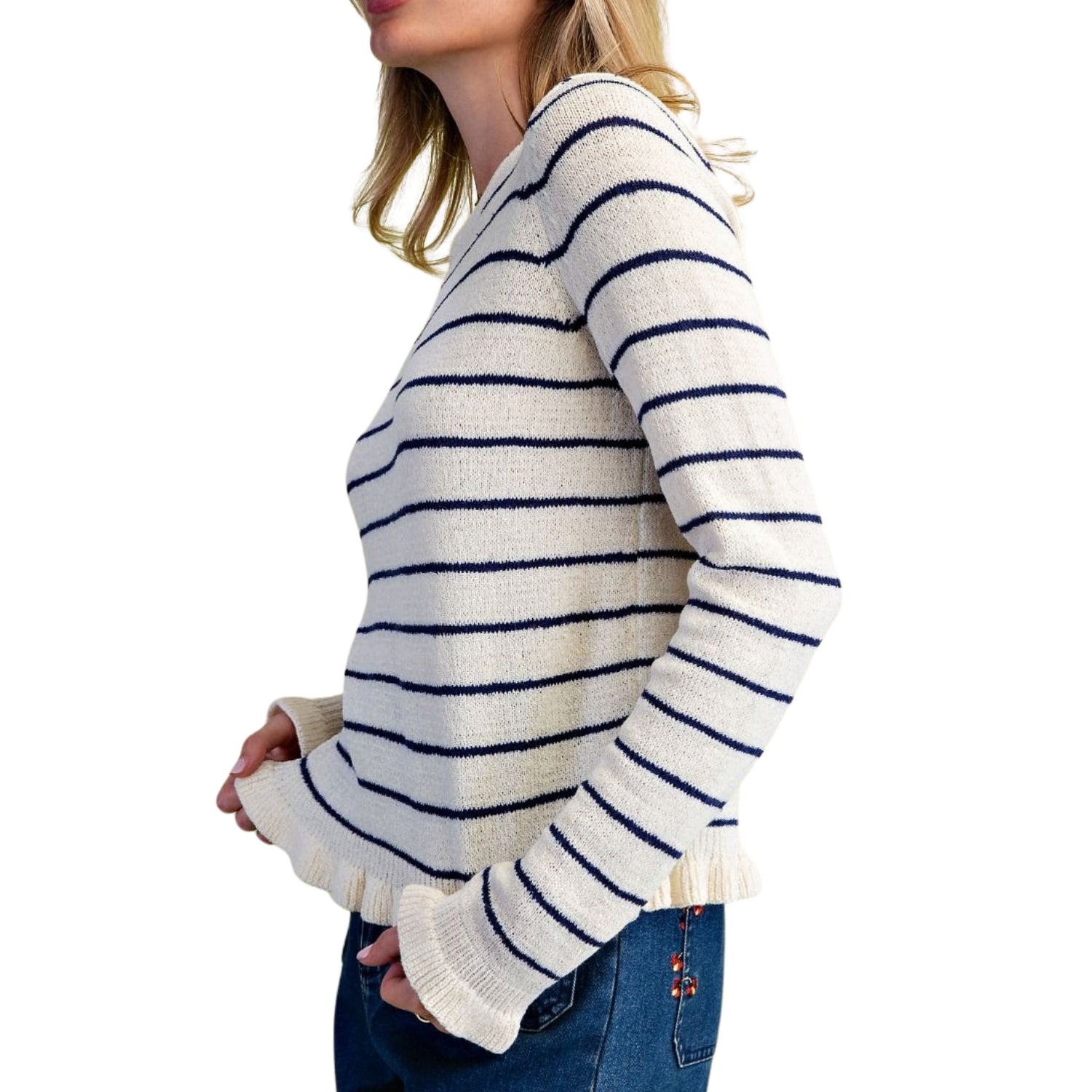 Easel Women's Striped Knit Ruffle Hem Crew Neck Sweater, Ivory