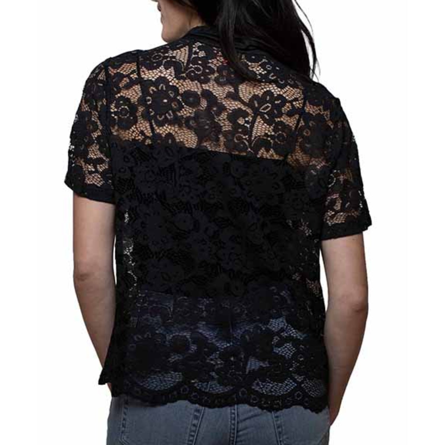 Scully Honey Creek Women's Floral Lace Short Sleeve Open Front Top, Black