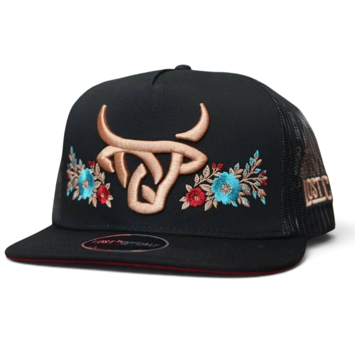 Lost Calf Golden Bloom Unisex Flat Bill Trucker Snapback Hat, Black