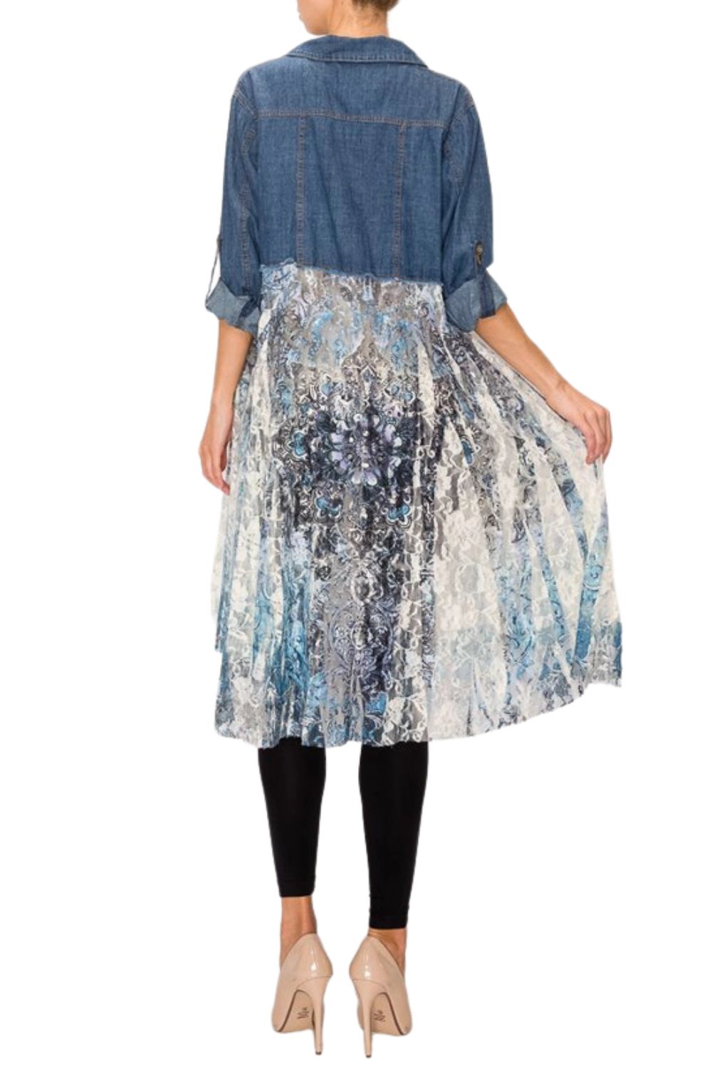 Origami Womens Denim Jacket with Printed Lace Layer (Denim/Navy)