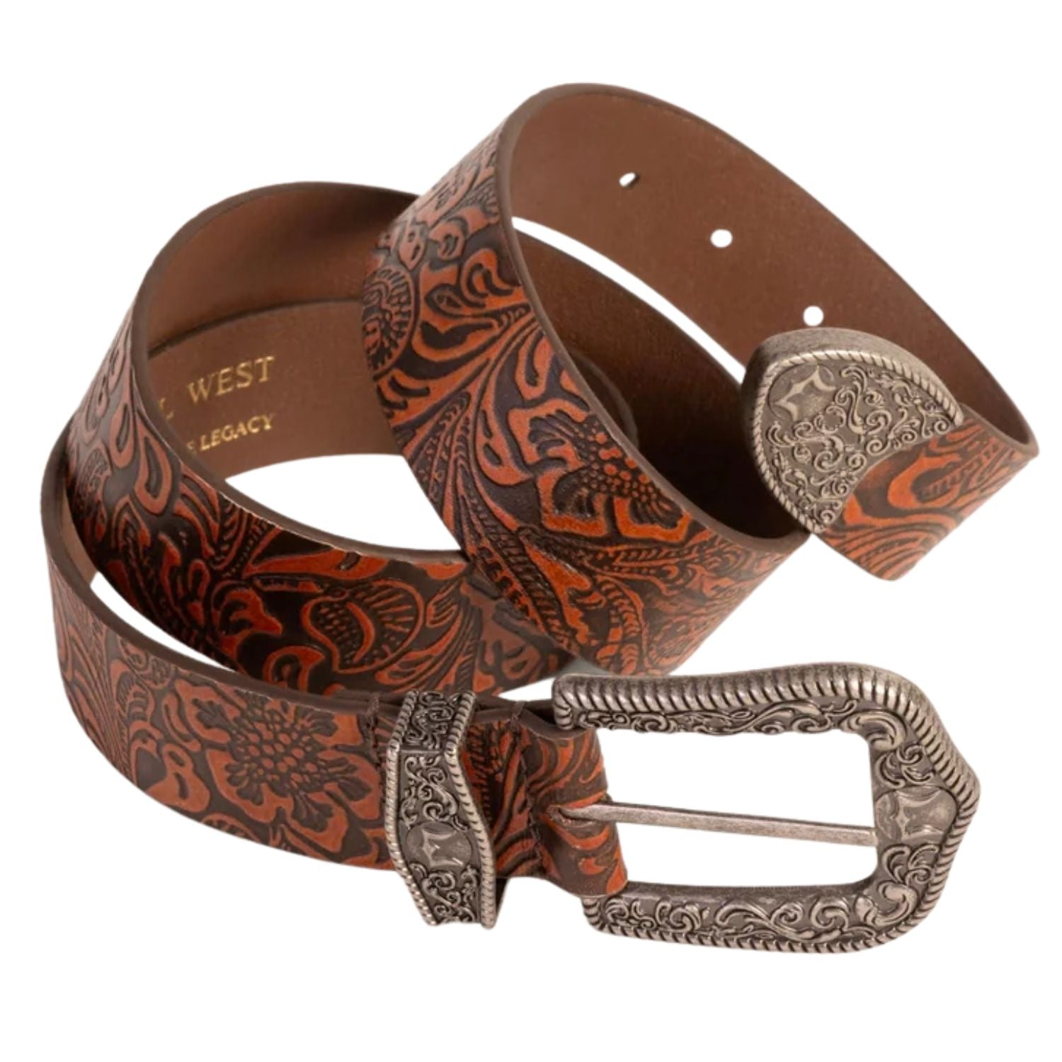 Loyal West Womens Sophia Embossed Floral Leather Belt- Brown