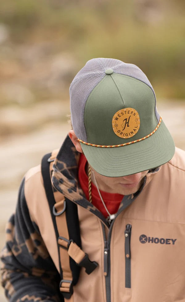 Hooey Mens "Spur" Olive and Grey with Circle Patch and Rope Detail Trucker Hat