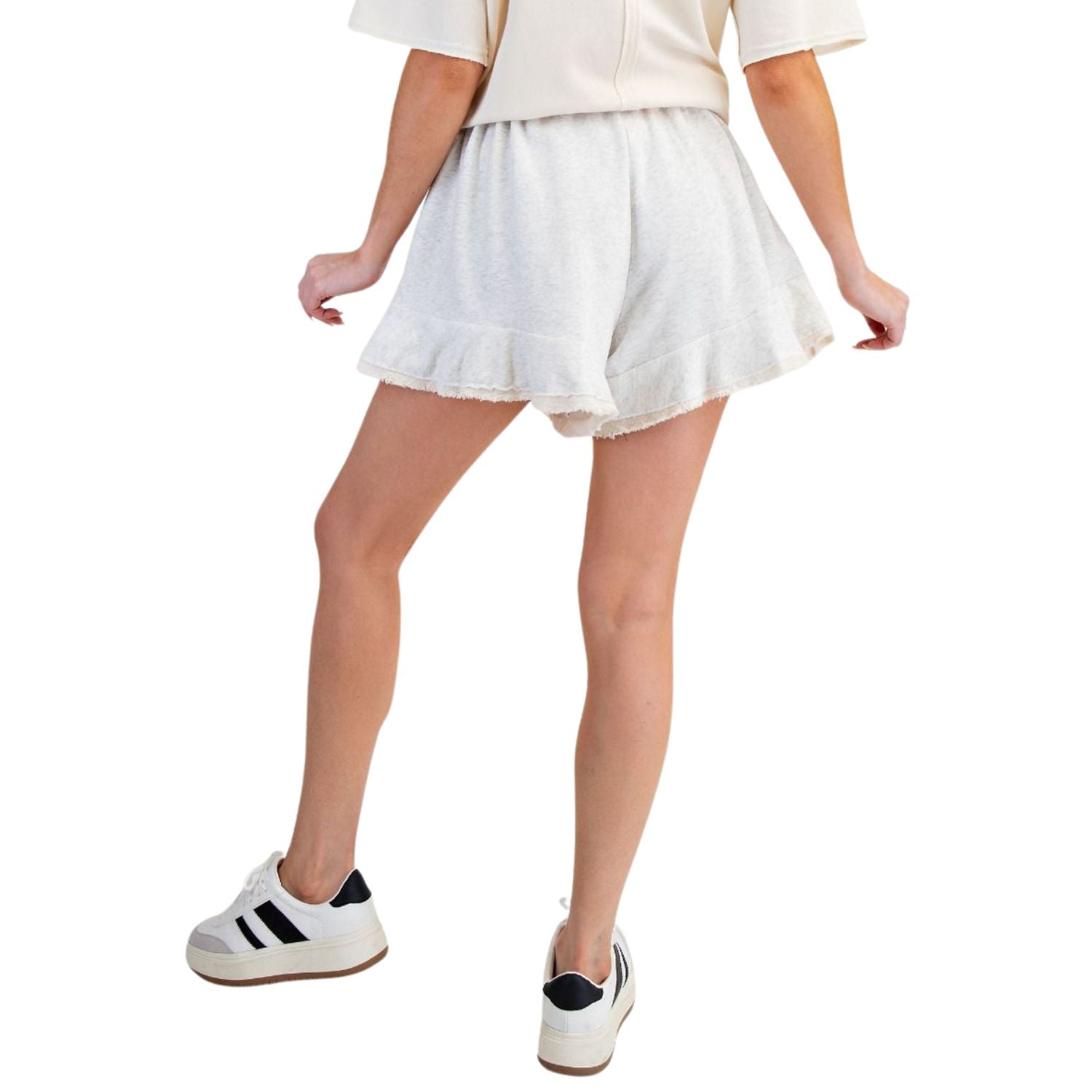 Easel Womens Ruffle Frill Raw Edge Washed Drawstring Shorts- Natural