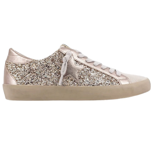 Shu Shop Womens Paula Champagne Glitter Distressed Pre-Scuffed Fashion Sneakers