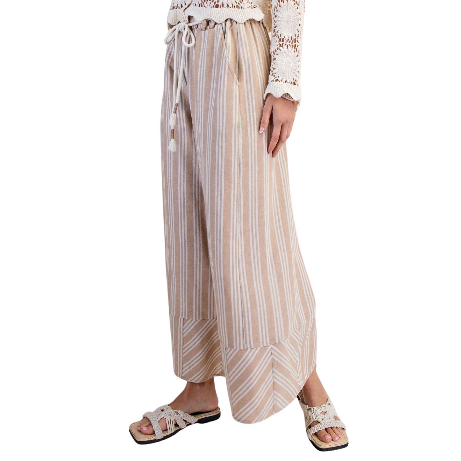 Easel Womens Striped Linen Washed Palazzo Wide Leg Relaxed Fit Pants- Khaki
